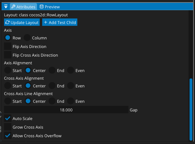 Image of the DevTools mod, showing the different options for AxisLayout