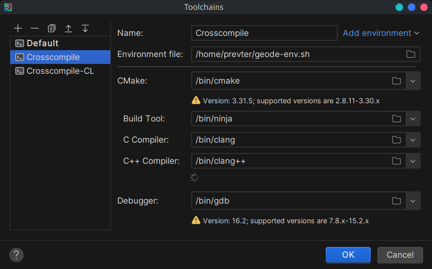 Image showing how to configure crosscompiler toolchain in CLion