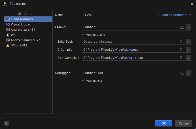 Image showing configured Clang toolchain in CLion