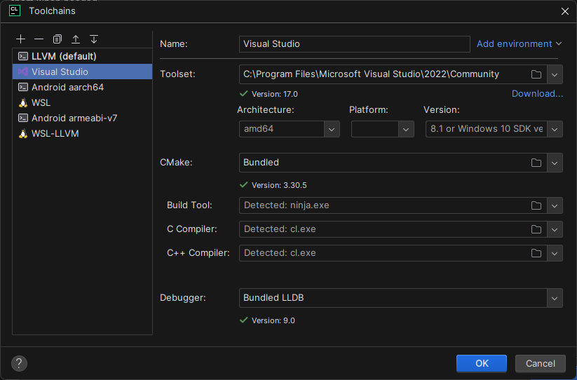 Image showing configured Visual Studio toolchain in CLion