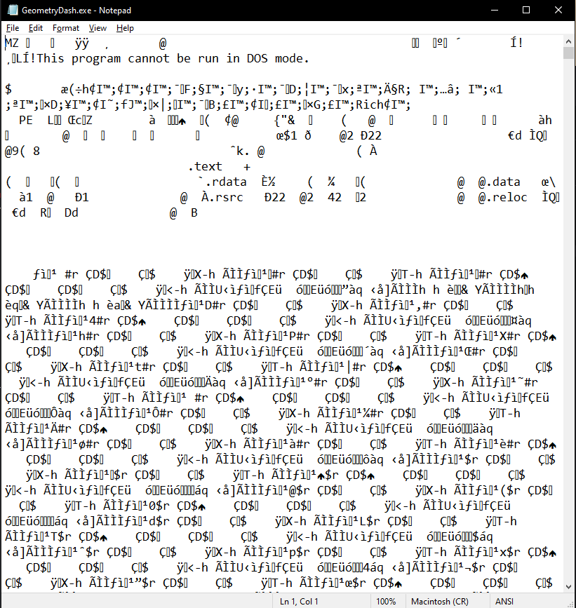 Image showcasing GeometryDash.exe open in Notepad, showing garbled characters that are the game’s binary code interpreted as ASCII