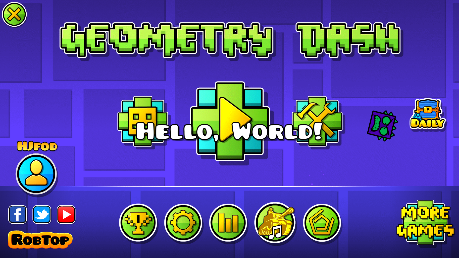 Image showing the main menu in GD with a ‘Hello, world’ text on top