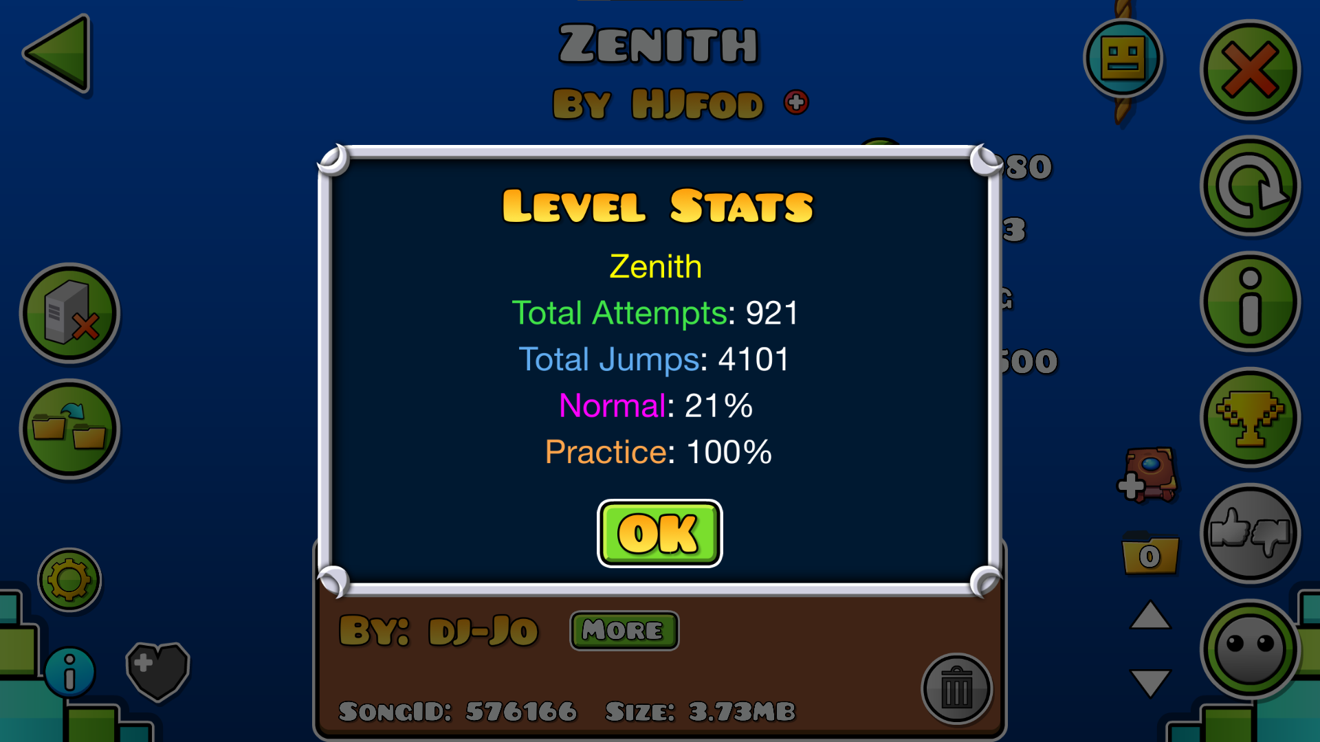 Level statistics popup for Zenith by HJfod