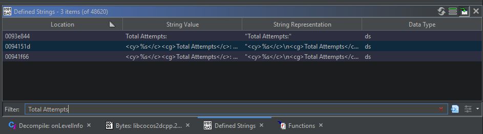 Searching for the string Total Attempts in Ghidra