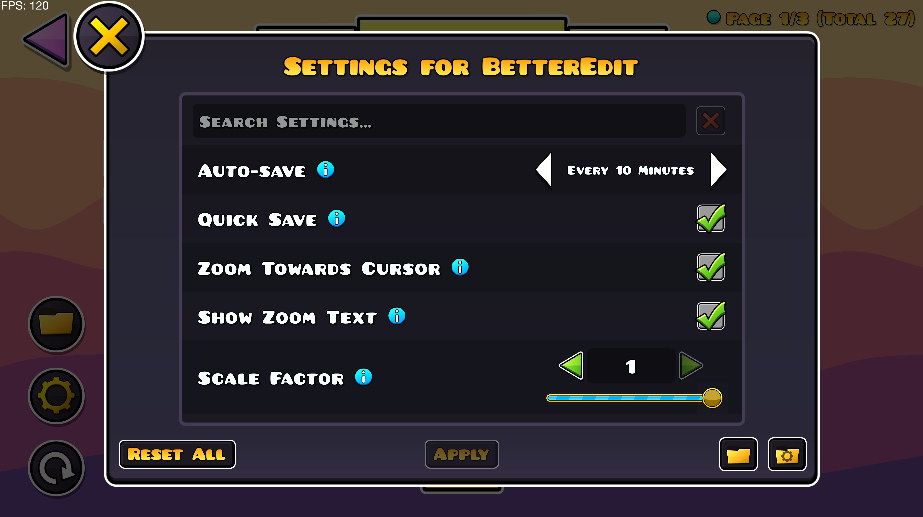 An image showcasing the settings popup for the BetterEdit mod by HJfod