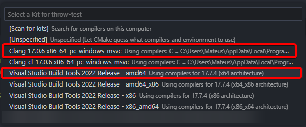 Image showing a bunch of compilers CMake detected in VS Code