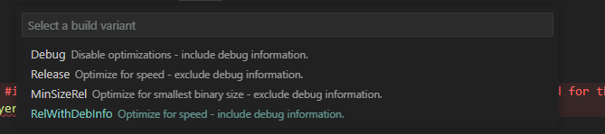 Image showing available build types on Windows: Debug, Release, MinSizeRel, and RelWithDebInfo